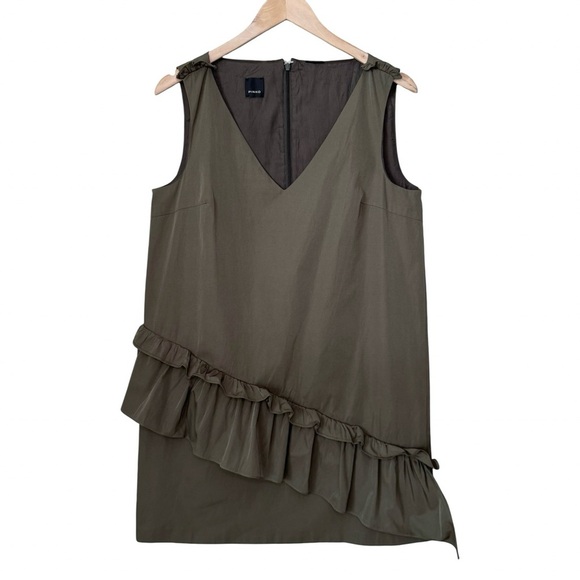 PINKO V-Neck Ruffle Olive Green Brown Sleeveless A-Line Dress Size 6 - Picture 1 of 16